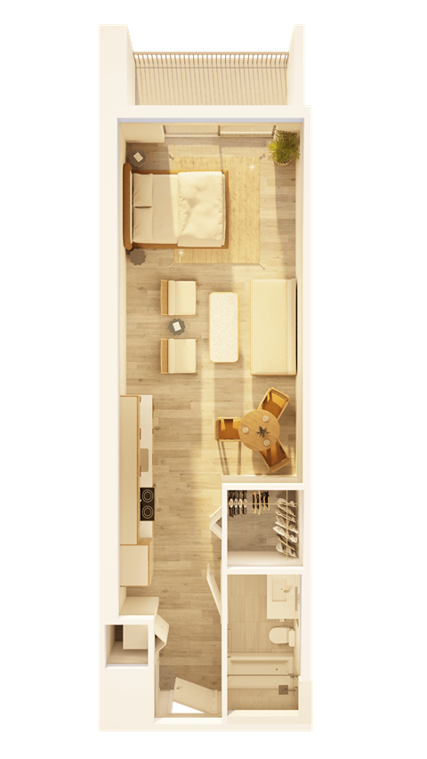 Floor plan for studio, 1 bath, 580 sqft